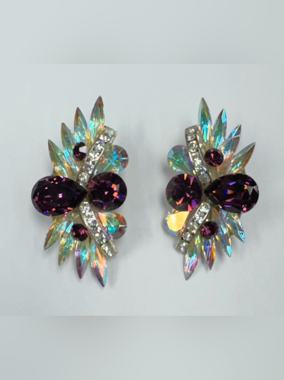 Vintage 90s Aurora Borealis Purple Rhinestone Clip On Earrings Statement